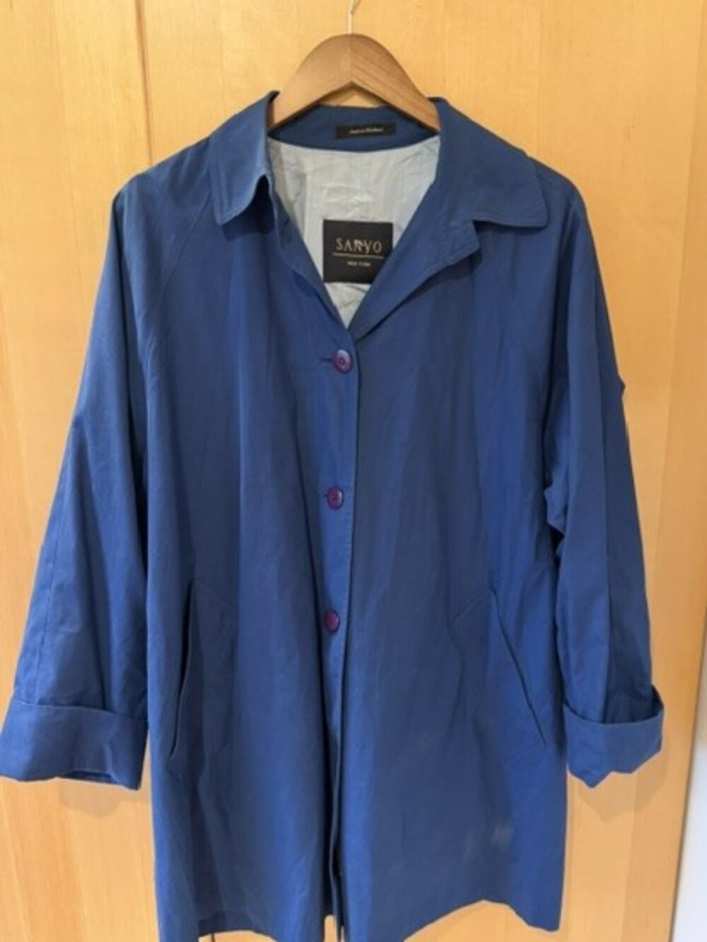 Vintage Sanyo Blue Short Swing Raincoat, Cuffs, Back Pleats, Cotton Blend